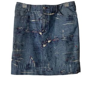 Liz Claiborne Denim Mini Skirt, Sz. 10, Nautical Theme, Sailboat, 5 Pocket Style